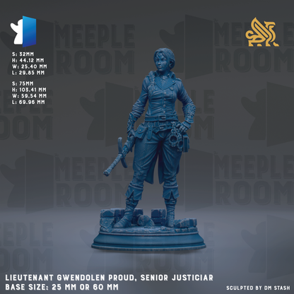a statue of a woman, specifically a senior justiciar, wearing a blue outfit and holding a sword. The statue is displayed on a pedestal, and the background has the text "MEIPLLE ROOM" repeated multiple times. The statue is described as a "LIEGUENT GWENDOLEN PROUD, SENIOR JUSTICIAN" and has a base size of either 25mm or 60mm.