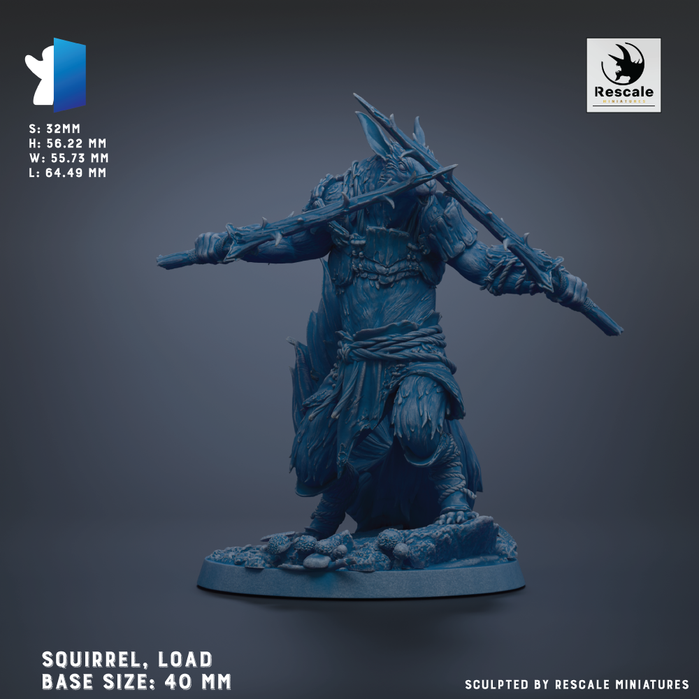 a figurine of a squirrel, a type of small rodent, with a sword in its hand. The figurine is shown in a dynamic pose, standing on a base. The figurine is described as having a load capacity of 40 mm. The image is a sculpture, and it is created by Rescale miniatures.