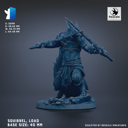 a figurine of a squirrel, a type of small rodent, with a sword in its hand. The figurine is shown in a dynamic pose, standing on a base. The figurine is described as having a load capacity of 40 mm. The image is a sculpture, and it is created by Rescale miniatures.