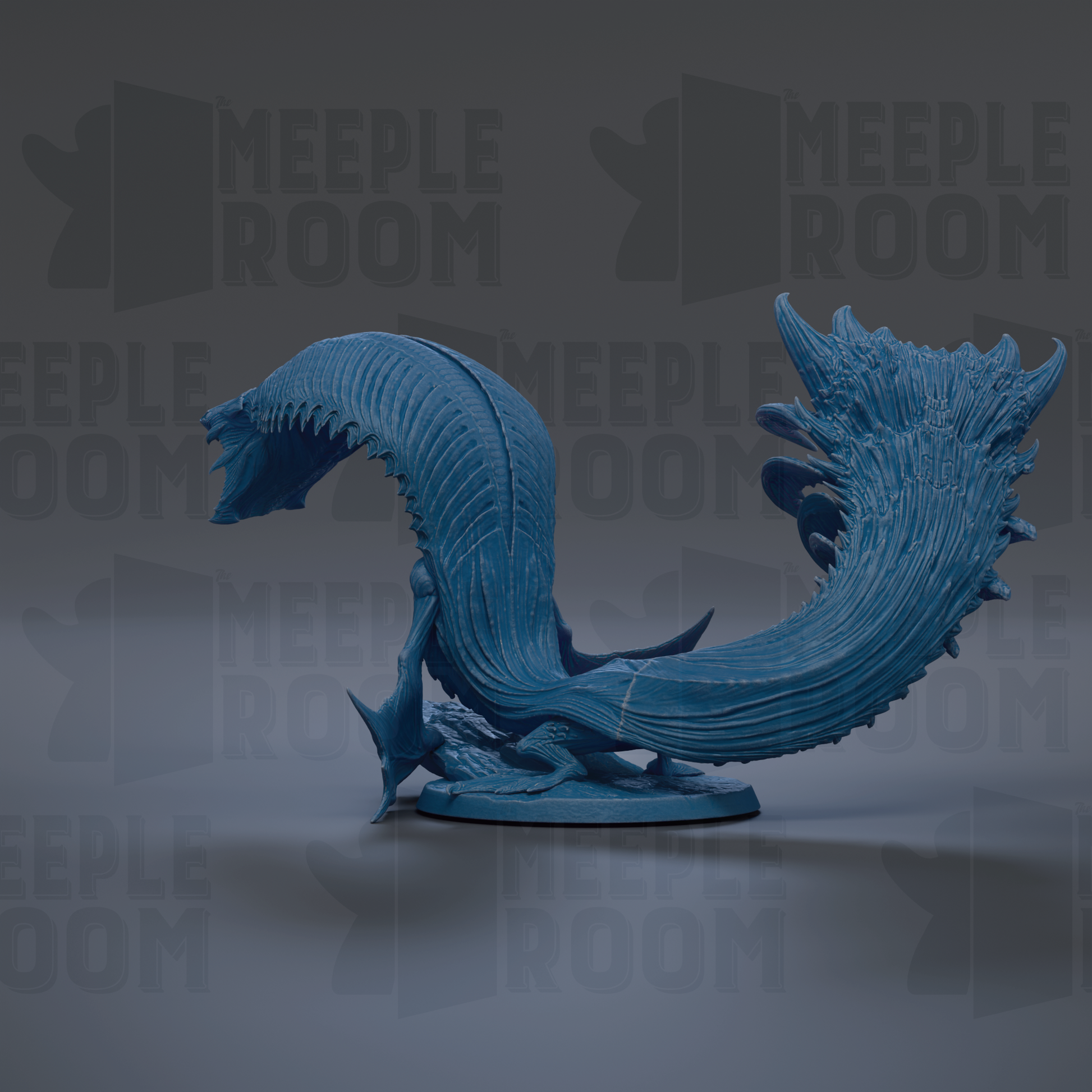 A blue, 3D-rendered creature resembling a snake or alligator, with a textured, wave-like appearance, is displayed against a dark background with repeated text.