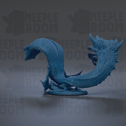 A blue, 3D-rendered creature resembling a snake or alligator, with a textured, wave-like appearance, is displayed against a dark background with repeated text.
