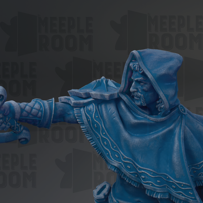 A close-up of a blue statue depicting a figure with a hooded cloak, holding a weapon, and wearing a decorative cape.