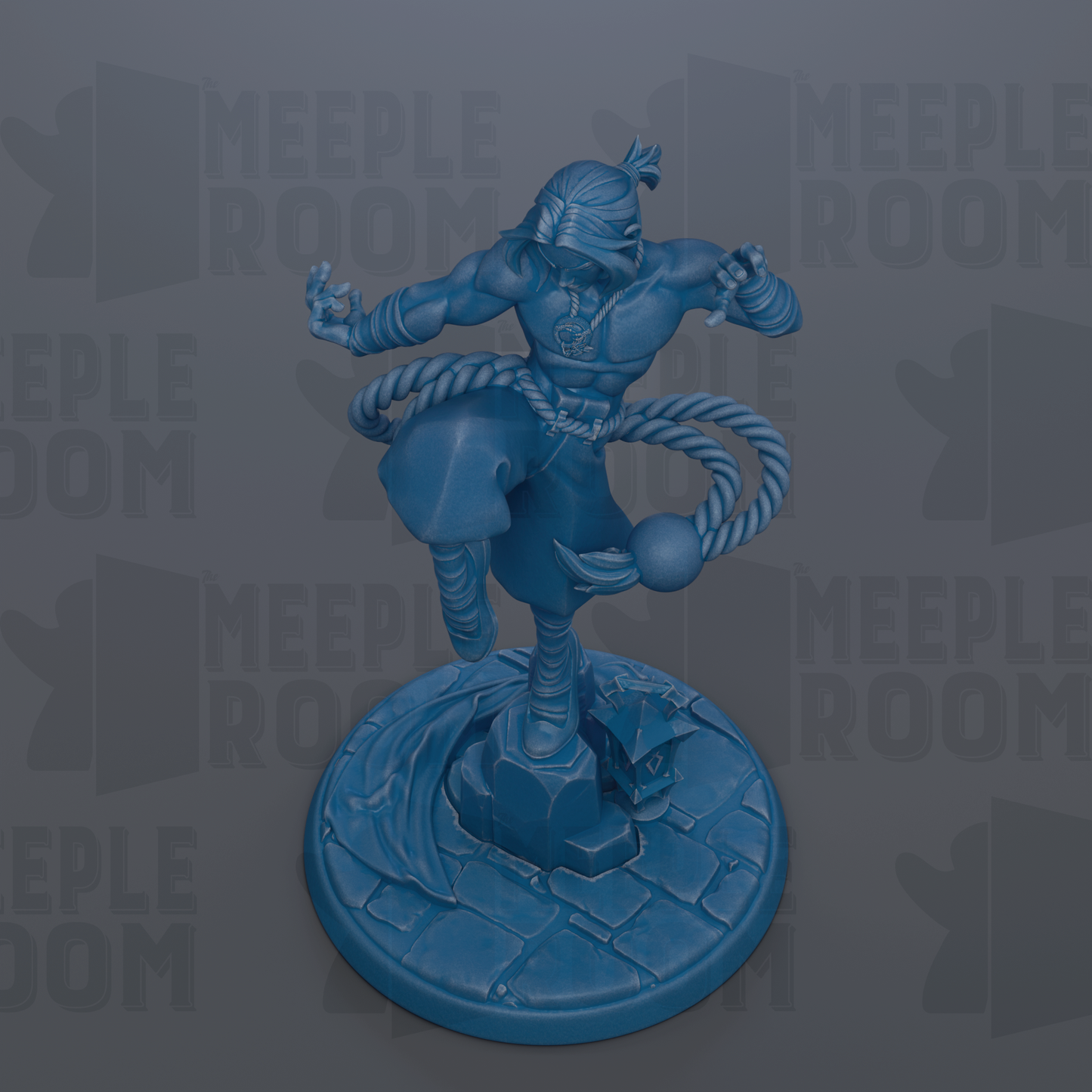 A blue figurine of a muscular, battle-ready figure with a rope around its neck, standing on a stone base.