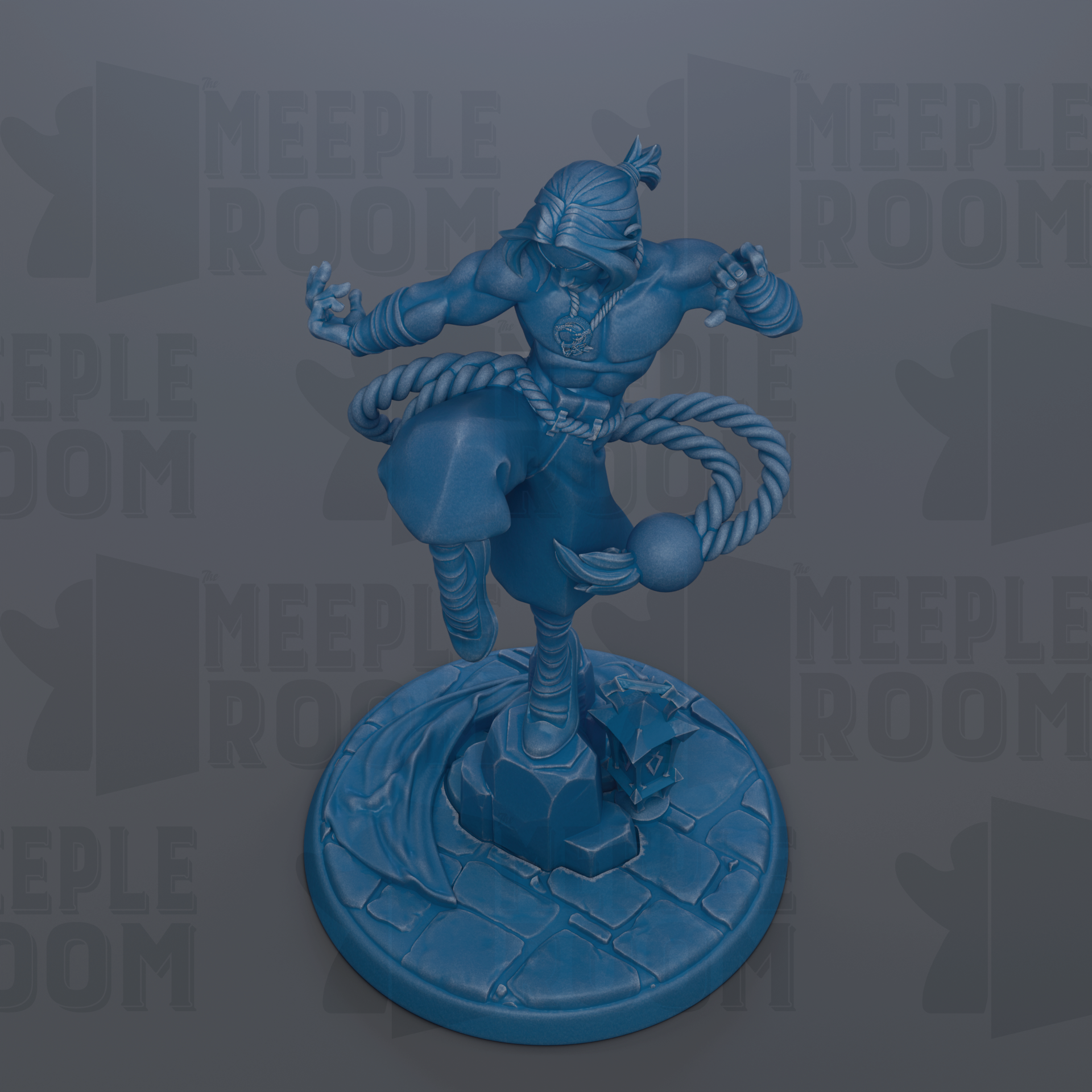 A blue figurine of a muscular, battle-ready figure with a rope around its neck, standing on a stone base.