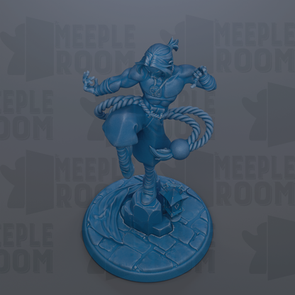 A blue figurine of a muscular, battle-ready figure with a rope around its neck, standing on a stone base.