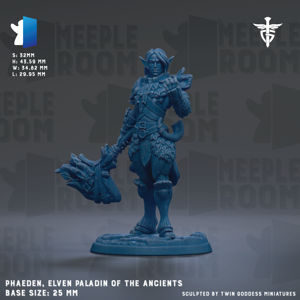 A figurine of an elf-like character, likely a paladin, standing in a fighting stance with a large weapon in hand. The figurine is described as being in the size of 25mm and is made of a blue material. The background of the image is a dark gray color, and there are repeated texts and logos throughout the image.