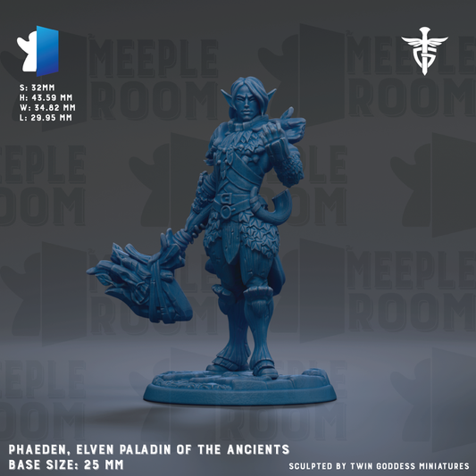 A figurine of an elf-like character, likely a paladin, standing in a fighting stance with a large weapon in hand. The figurine is described as being in the size of 25mm and is made of a blue material. The background of the image is a dark gray color, and there are repeated texts and logos throughout the image.