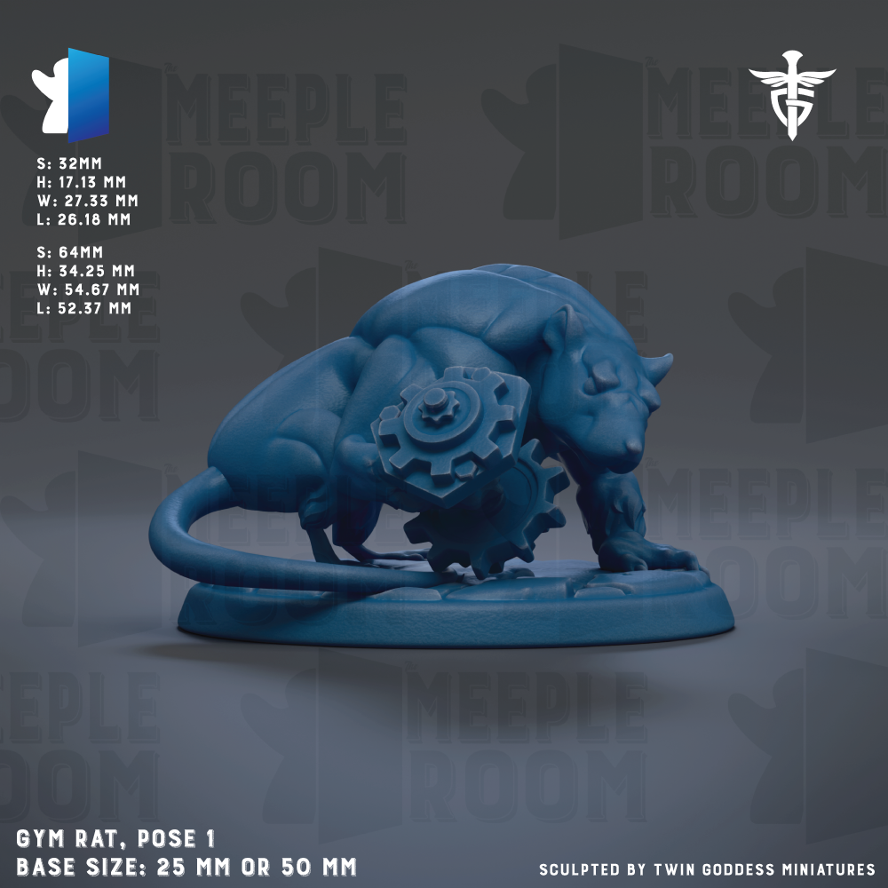 a blue gym rat figurine, which is a small, toy-like creature resembling a rat. The figurine is posed on a base that is either 25mm or 50mm in size. The background of the image is gray, and there is text and logos related to the gym rat figurine.