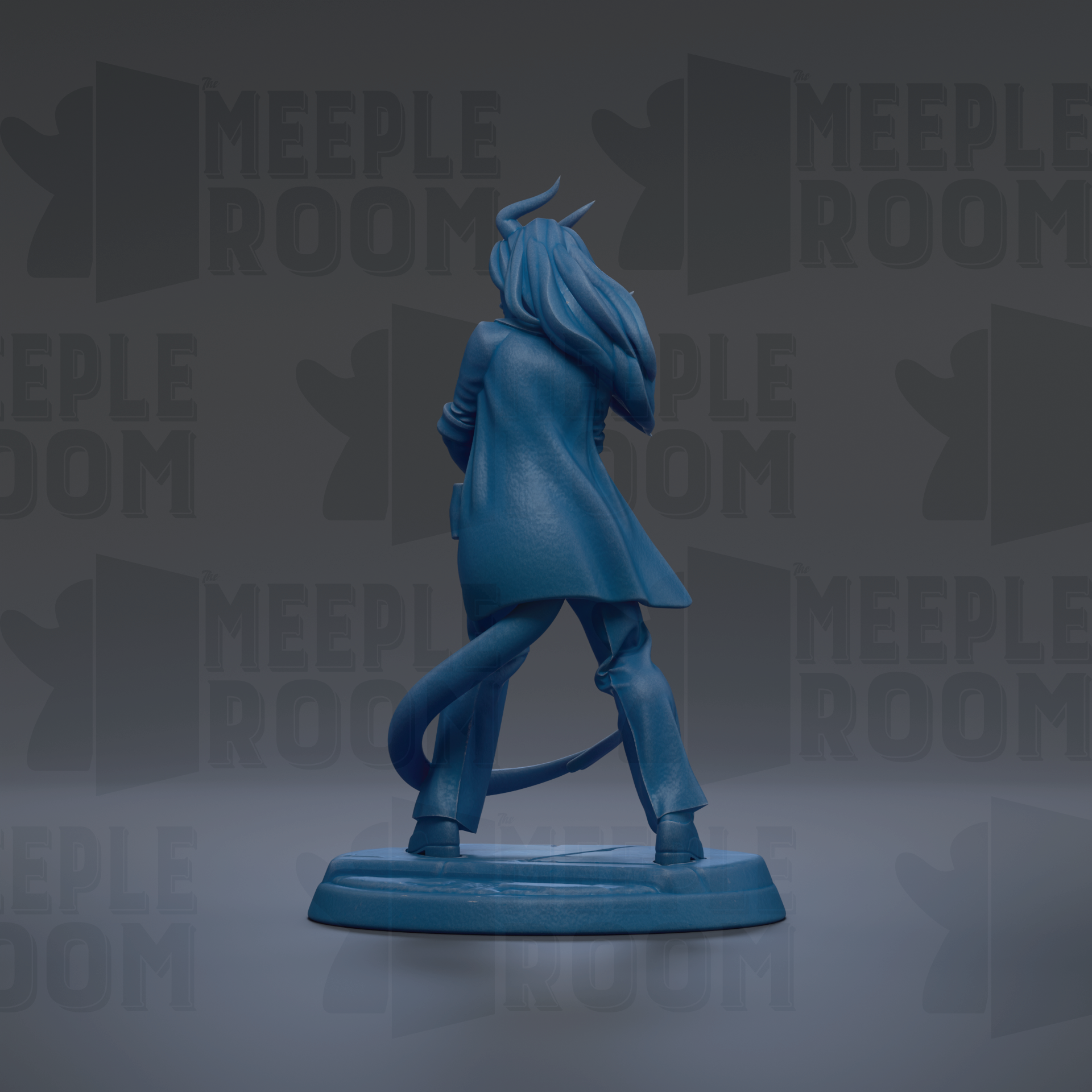 A blue figurine of a person with horns, standing on a base and facing away from the camera.