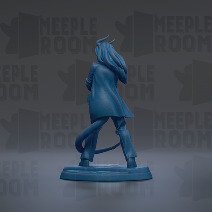 A blue figurine of a person with horns, standing on a base and facing away from the camera.