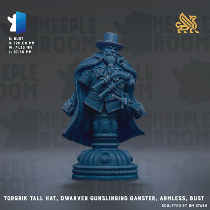 A blue figurine of a dwarf character, wearing a tall hat and holding a gunling gunster, bust, and an armless, bust.
