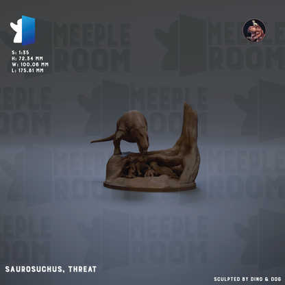 a sculpture of a dinosaur, specifically a sauropod, with a threat pose. The sculpture is made of a dark material and is placed on a pedestal. The background of the image is a light gray color with the words 'MEIPLE ROOM' repeated across it.