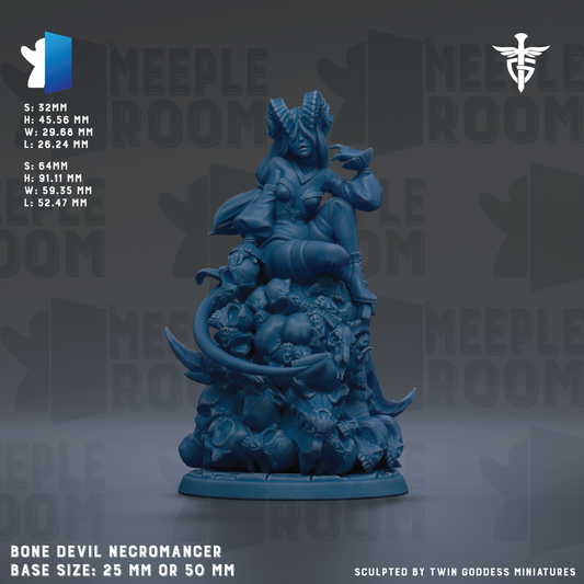 The image is a detailed 3D rendering of a figurine of a female character, likely a bone devil Necromancer, with a dark blue color scheme. The figurine is sitting on a pile of skulls and other skeletal elements, and it appears to be a sculpted piece of art. The image is described as a base size of 25mm or 50mm, and it is created by Twin Goddess Miniatures.