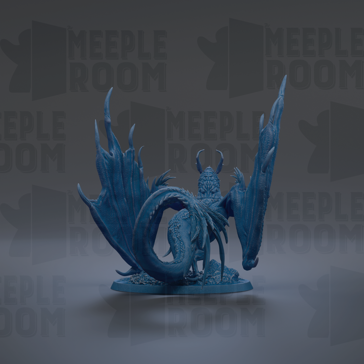 A blue dragon figurine with wings spread, sitting on a base, against a dark background with repeated text.