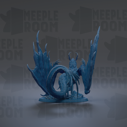 A blue dragon figurine with wings spread, sitting on a base, against a dark background with repeated text.