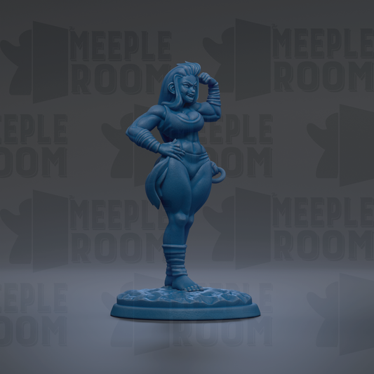 A blue figurine of a muscular, female character with a raised fist stands on a base against a dark background with repeated text.