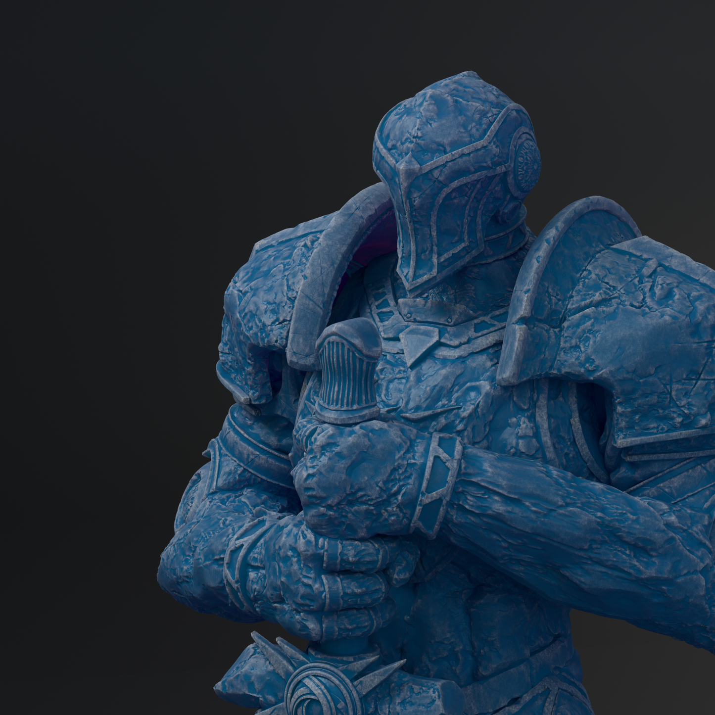 A blue, armored figure with a helmet and sword stands in the center of the image.