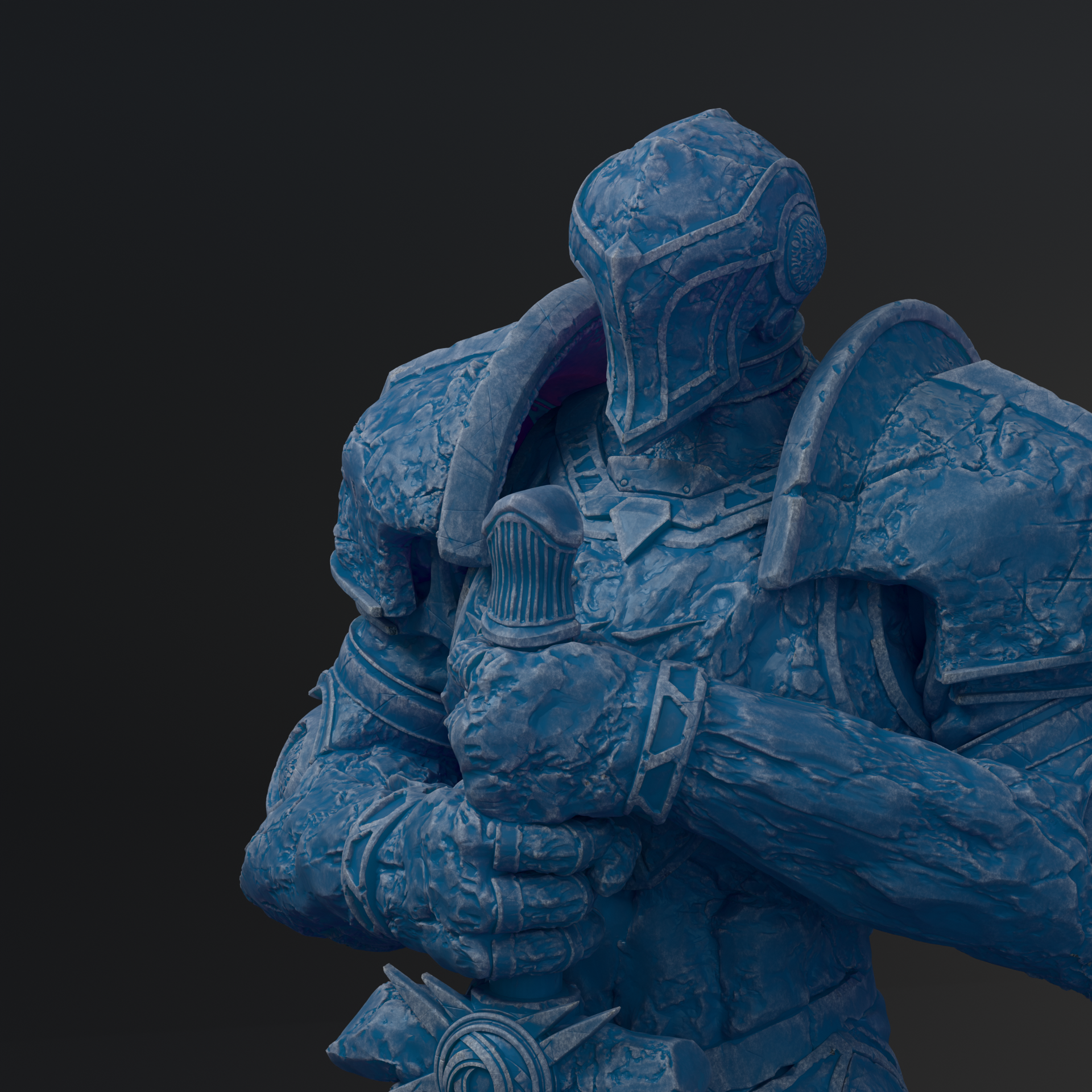 A blue, armored figure with a helmet and sword stands in the center of the image.