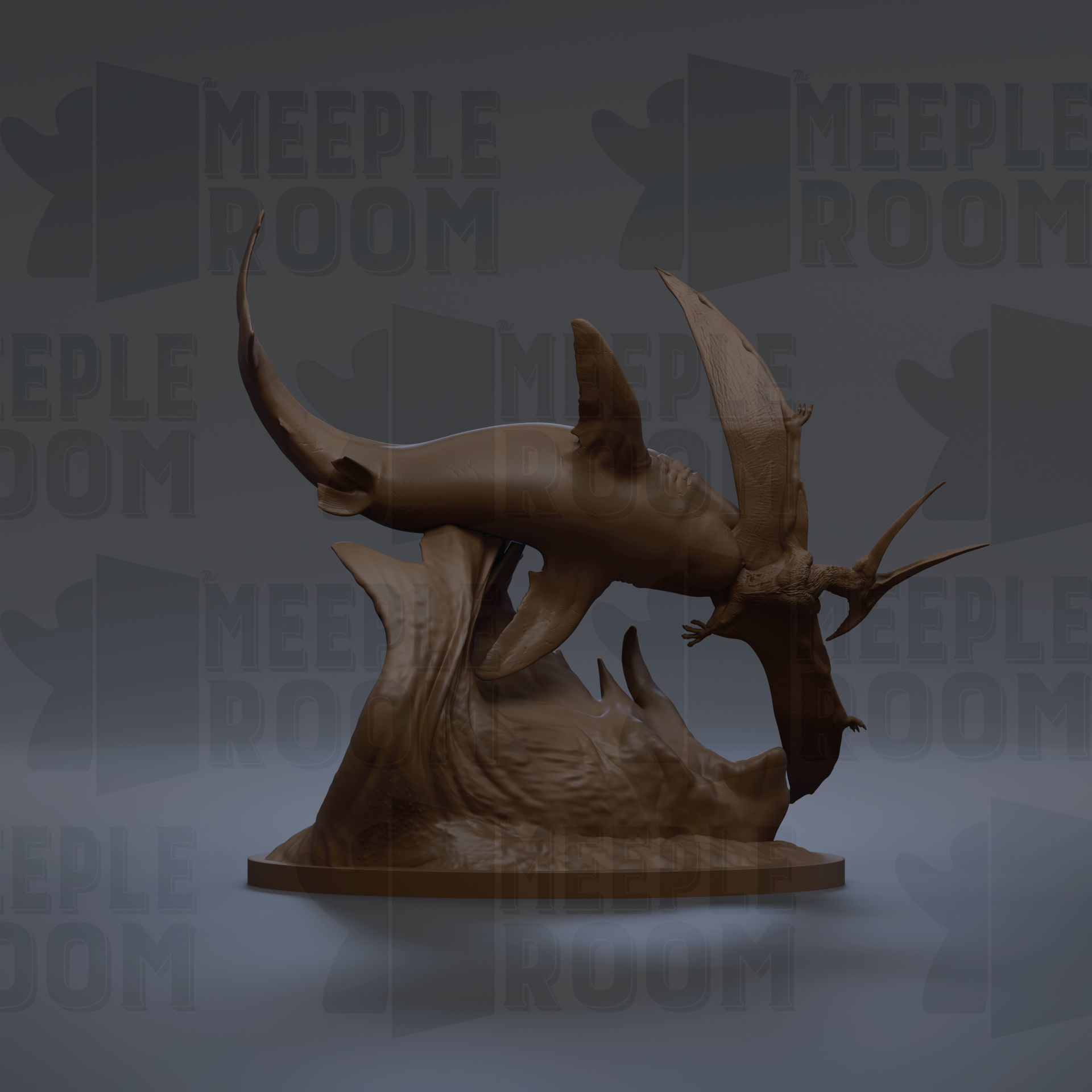 A 3D rendering of a shark sculpture with a bird-like creature perched on its back.