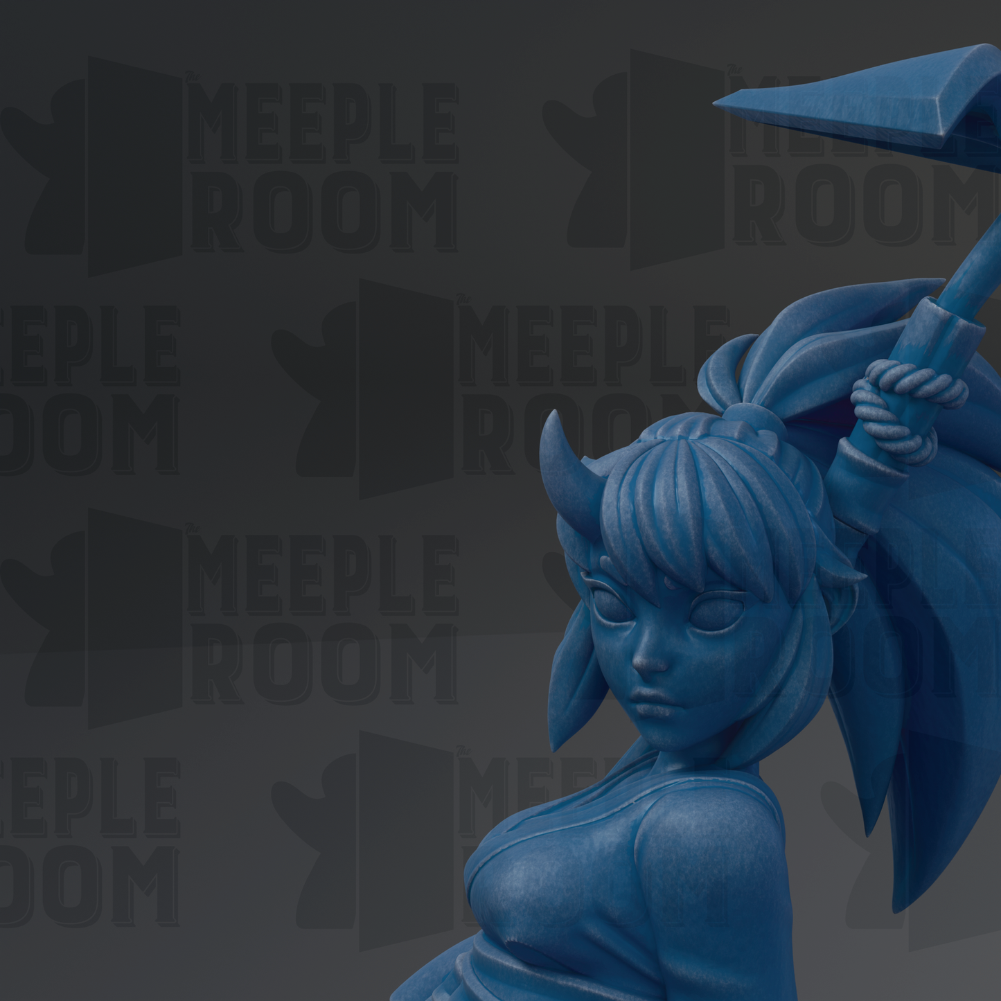 A blue, cartoonish female character with horns and a large headdress, holding a weapon, is the main focus of the image.