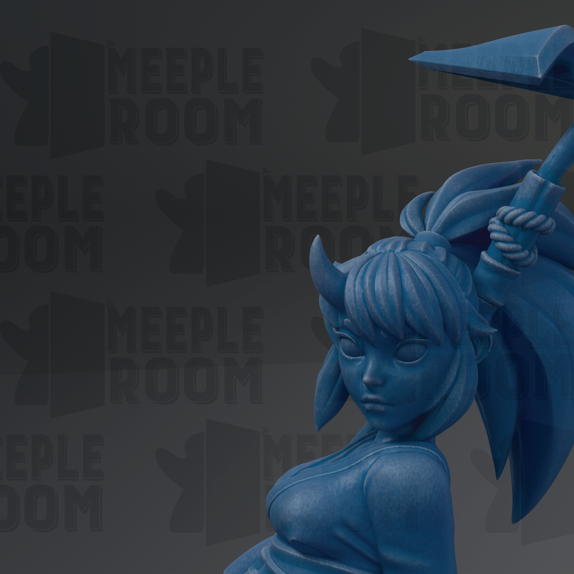 A blue, cartoonish female character with horns and a large headdress, holding a weapon, is the main focus of the image.