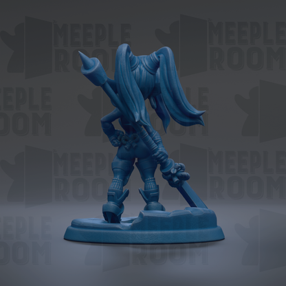 A blue figurine of a character with long hair and a weapon, standing on a platform against a dark background with repeated text.