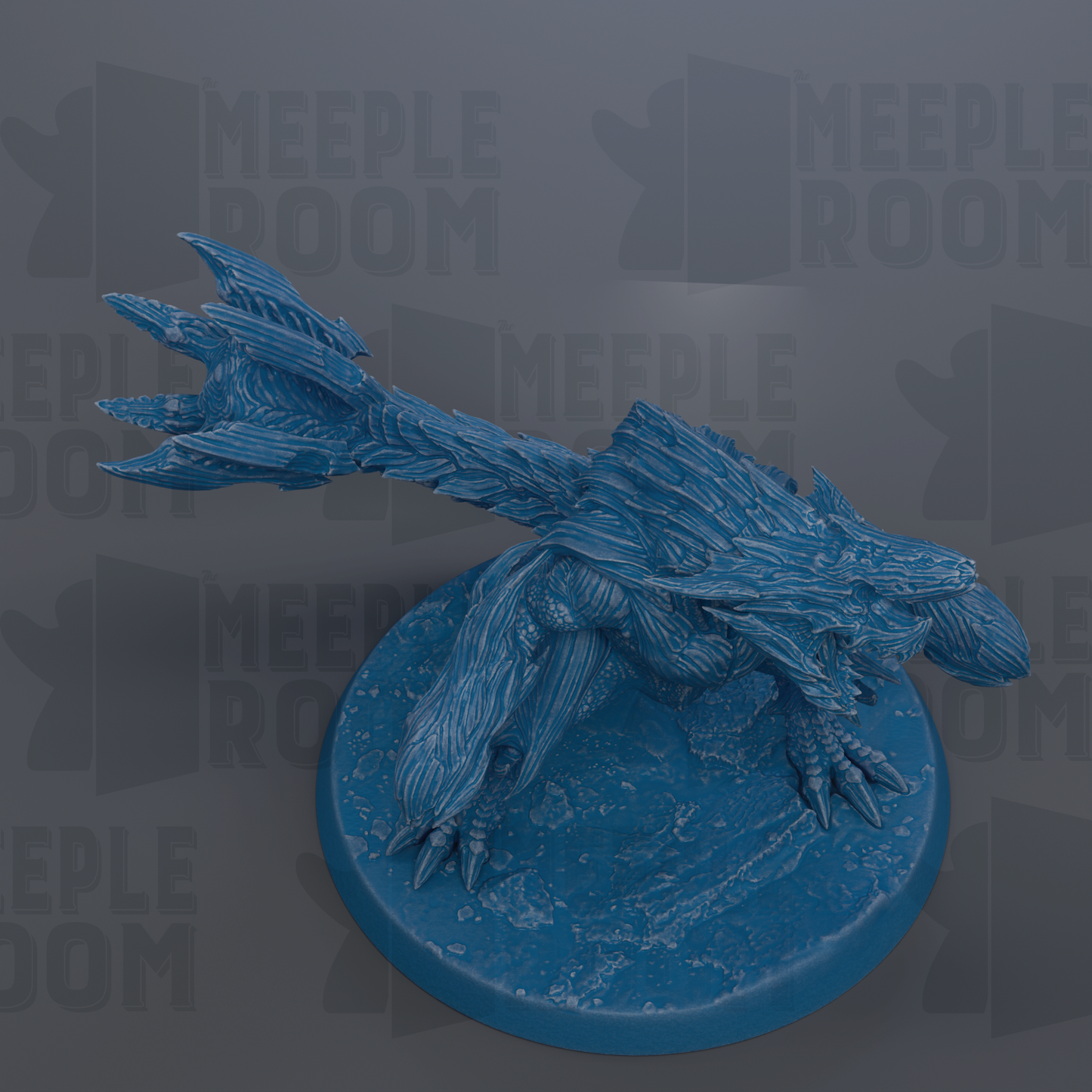 A blue, 3D-rendered dragon figurine is displayed on a blue base against a gray background.