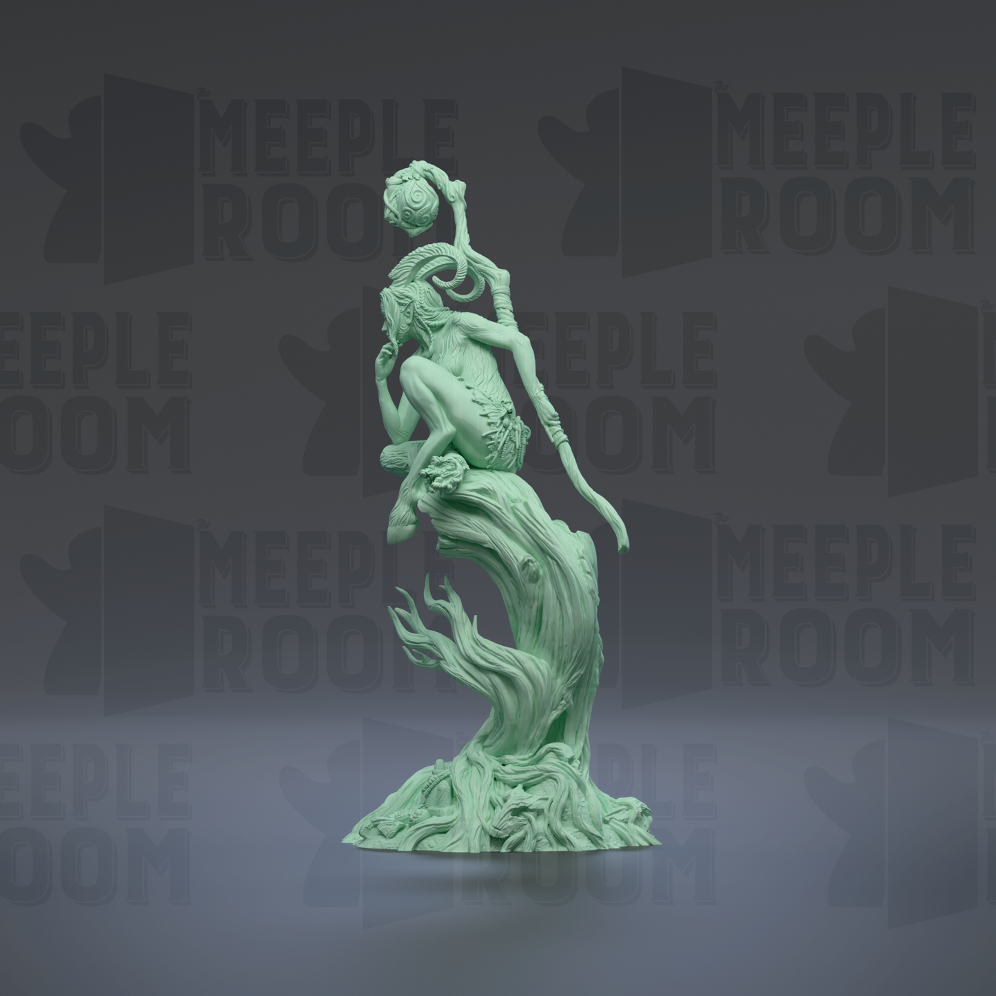 A green, abstract sculpture of a figure with a long, curved arm and a pointed head, standing on a rock formation.