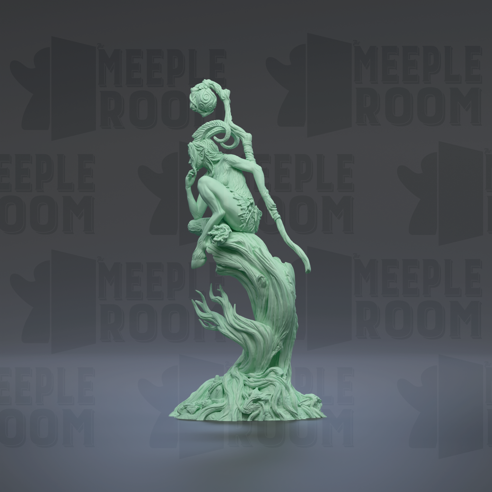 A green, abstract sculpture of a figure with a long, curved arm and a pointed head, standing on a rock formation.