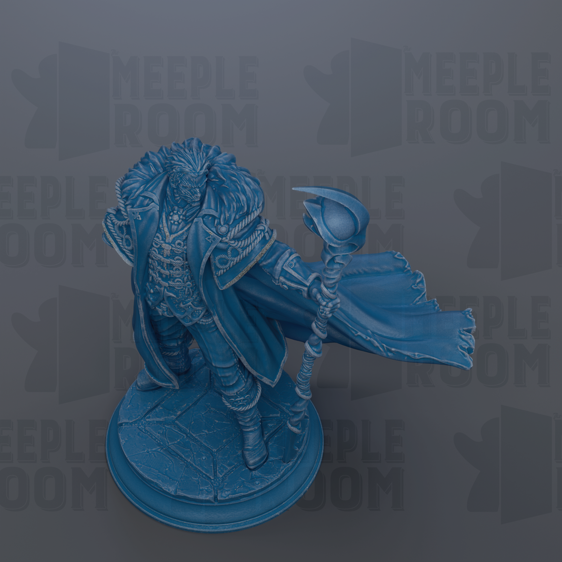A blue figurine of a character with a flowing cape and a staff, standing on a pedestal against a dark background with repeated text.