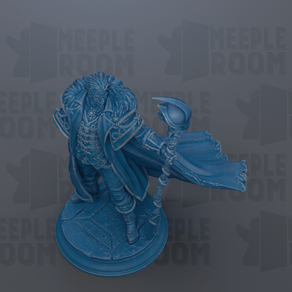 A blue figurine of a character with a flowing cape and a staff, standing on a pedestal against a dark background with repeated text.