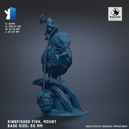 A 3D model of a Kingfisher Fish statue, mounted on a bird-like creature, with the base size of 50 mm.