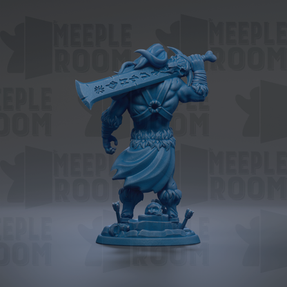 A blue figurine of a warrior-like character holding a large sword, standing on a platform with a skull and crossbones symbol.