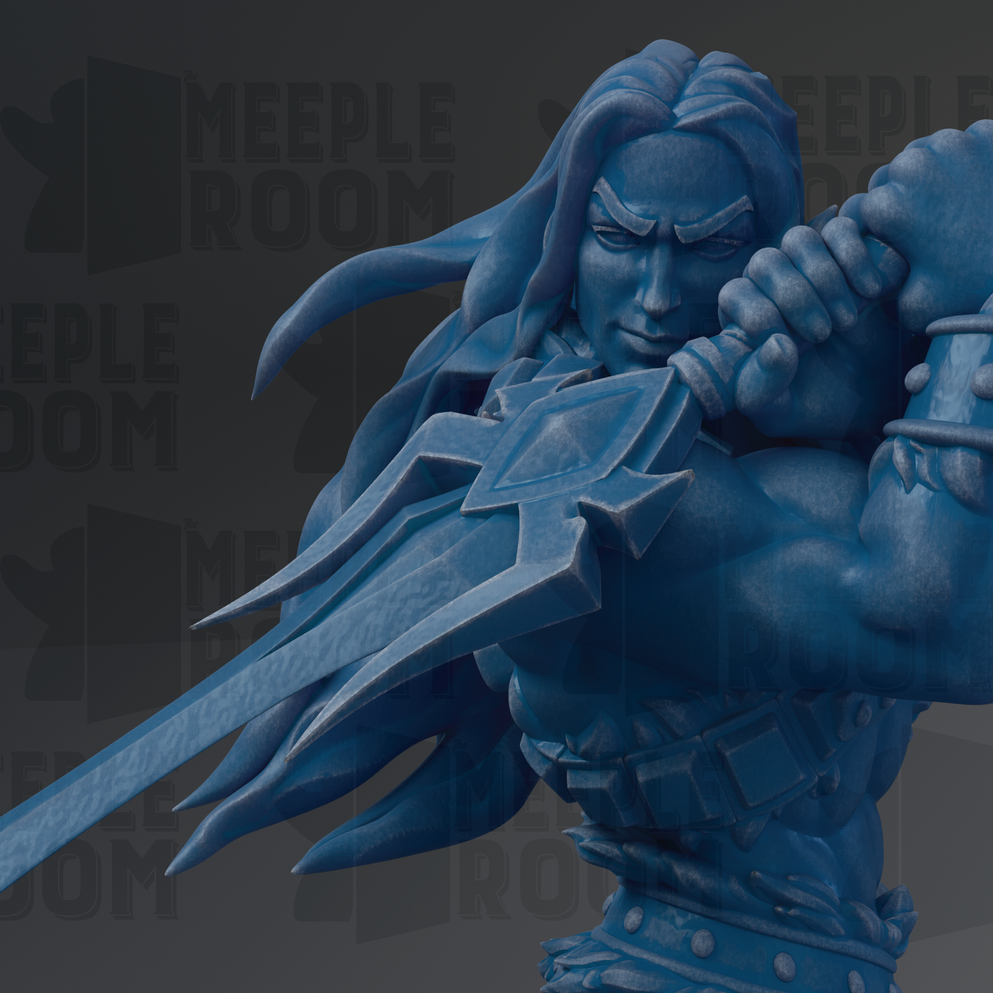 A close-up of a blue, sculpted figure with long hair and a determined expression, holding a sword.