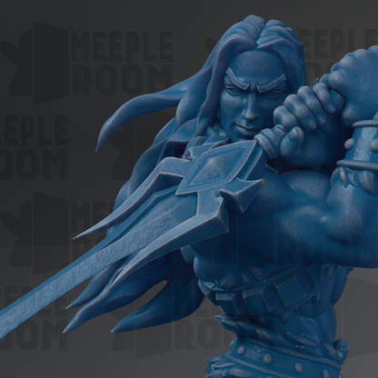 A close-up of a blue, sculpted figure with long hair and a determined expression, holding a sword.