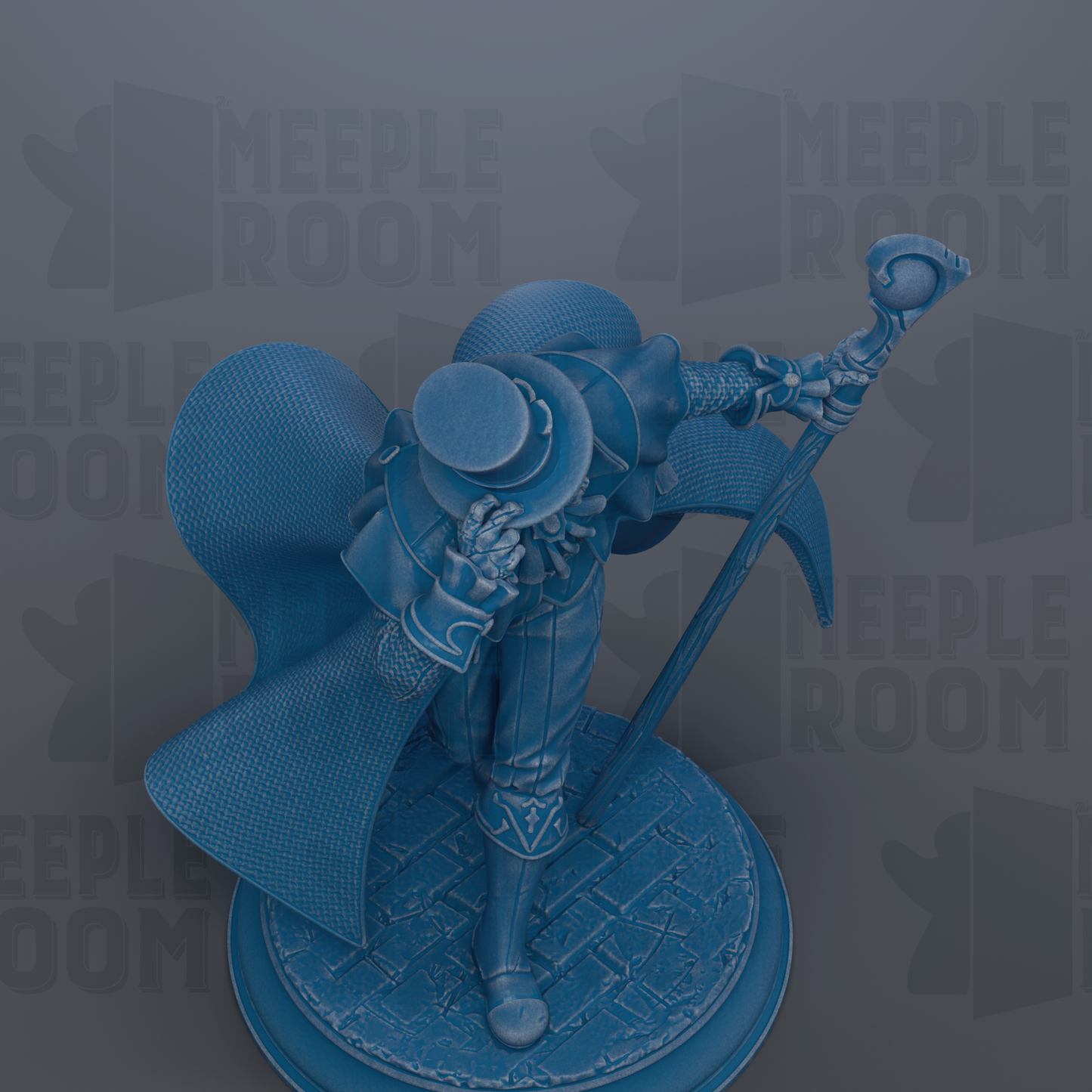 A 3D rendering of a blue statue of a figure holding a staff and wearing a hat, standing on a circular base.