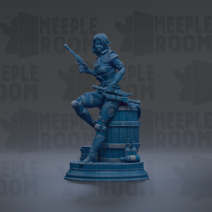 A 3D rendering of a female character in a fighting stance, holding a weapon and standing on a pedestal.