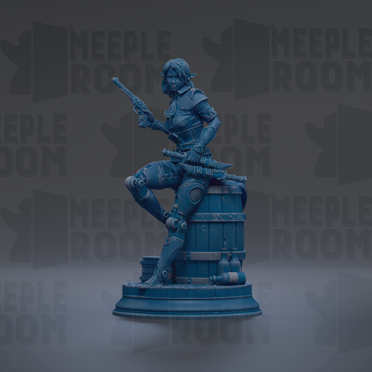 A 3D rendering of a female character in a fighting stance, holding a weapon and standing on a pedestal.