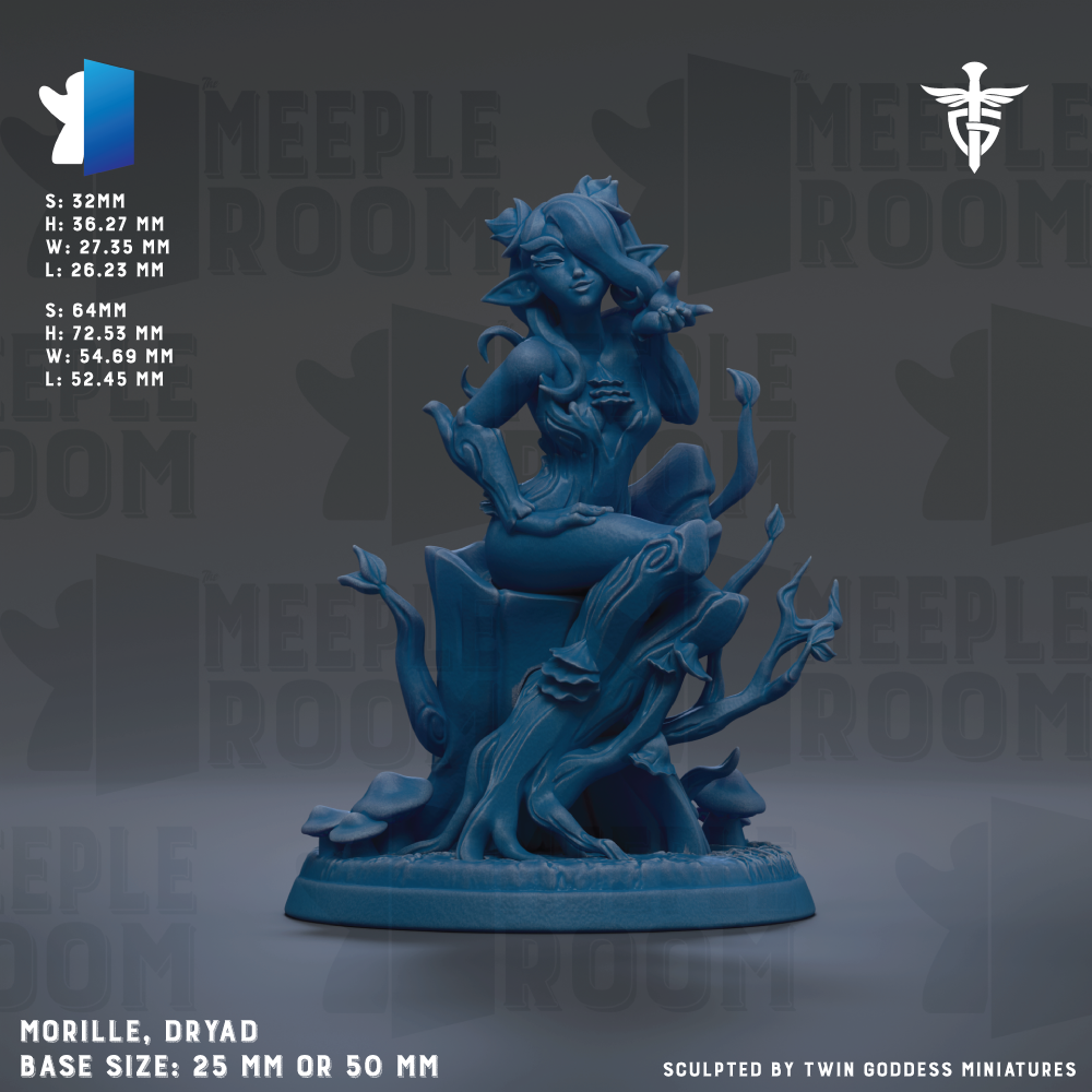 The image is a detailed 3D model of a figurine of a woman sitting on a tree stump, with intricate details and a blue color scheme. The figurine is described as a "MORILLE, DRYAD" base size of 25mm or 50mm, and it is "SCULPTED BY TWIN GODESS MINIATURES".