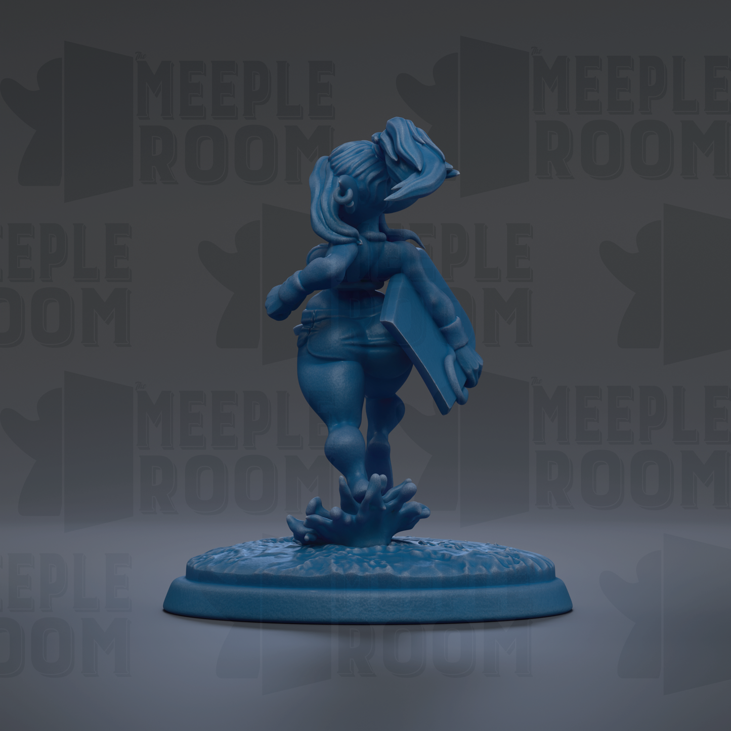 A blue figurine of a person standing on one leg, holding a book, against a dark background with repeated text.