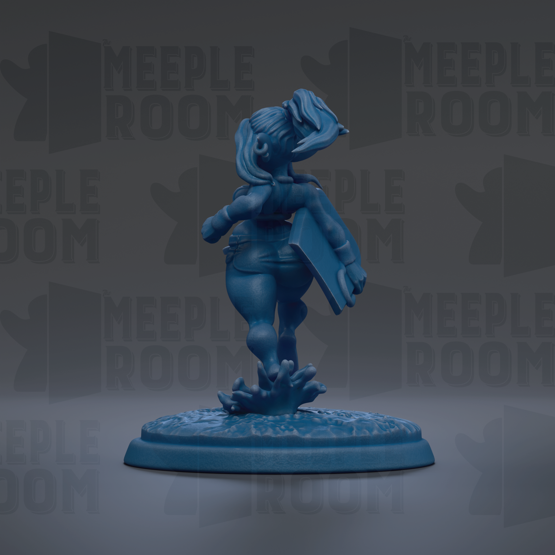 A blue figurine of a person standing on one leg, holding a book, against a dark background with repeated text.