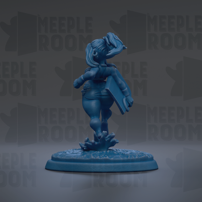 A blue figurine of a person standing on one leg, holding a book, against a dark background with repeated text.