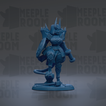 A blue figurine of a warrior-like character with a sword and shield stands against a dark background with repeated text.