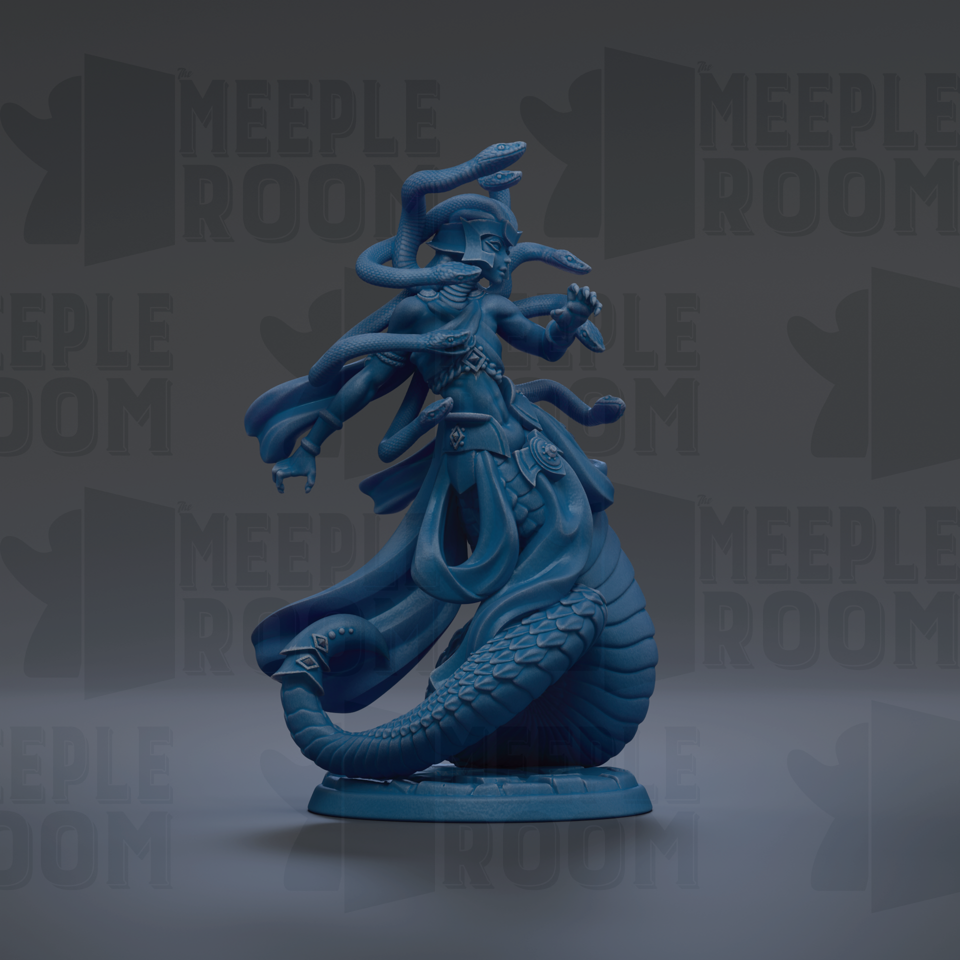 A blue figurine of a snake-like creature with multiple snakes wrapped around it, standing on a base.