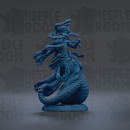 A blue figurine of a snake-like creature with multiple snakes wrapped around it, standing on a base.