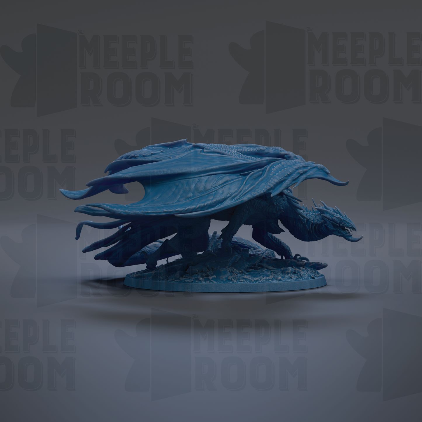 A blue dragon figurine is displayed against a dark background with repeated text.