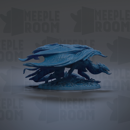 A blue dragon figurine is displayed against a dark background with repeated text.