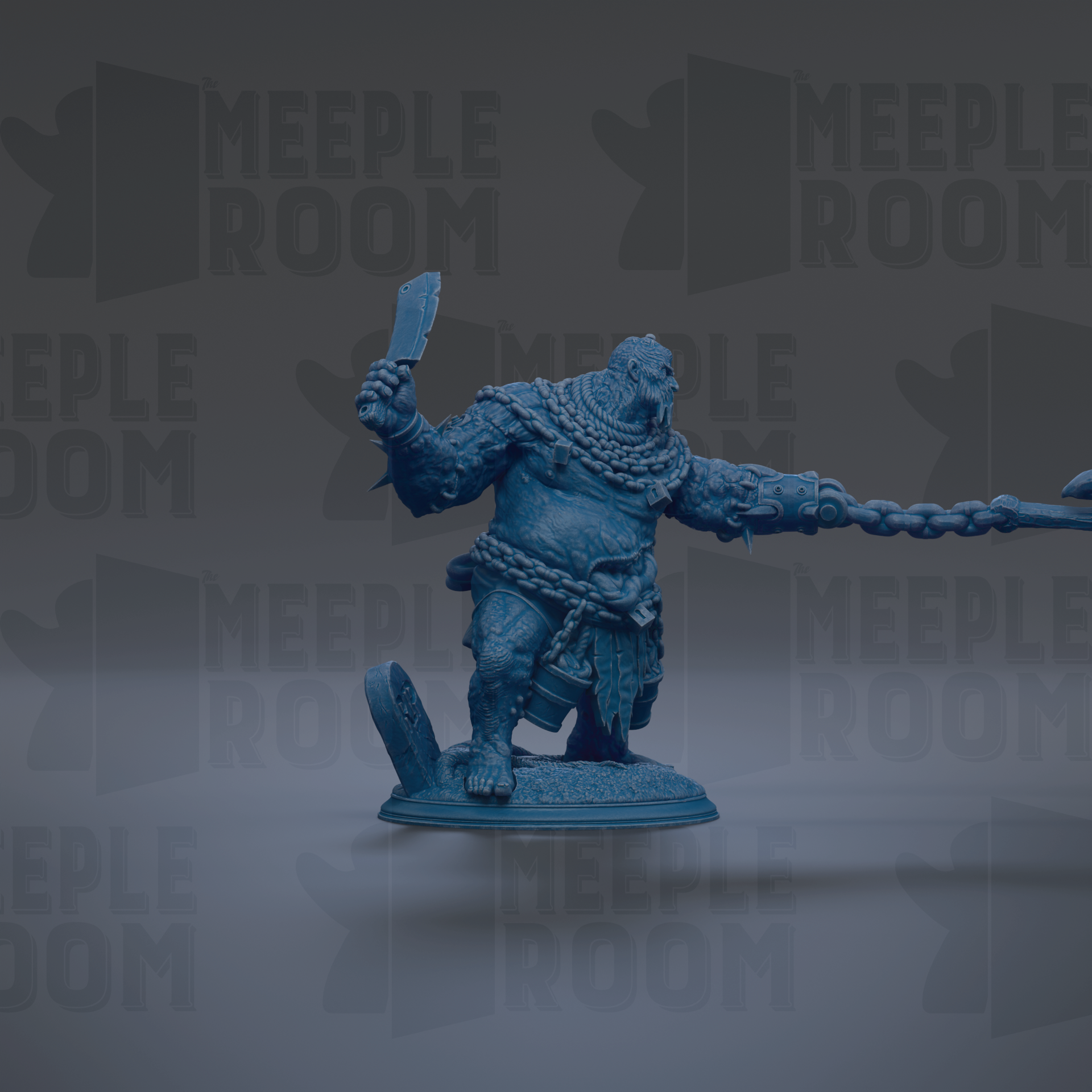 A blue figurine of a warrior-like character holding a sword and shield, standing on a pedestal against a dark background with repeated text.