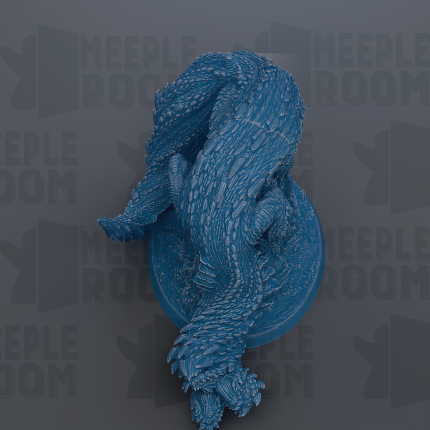 A blue, textured dragon figurine is displayed against a dark background with repeated text.