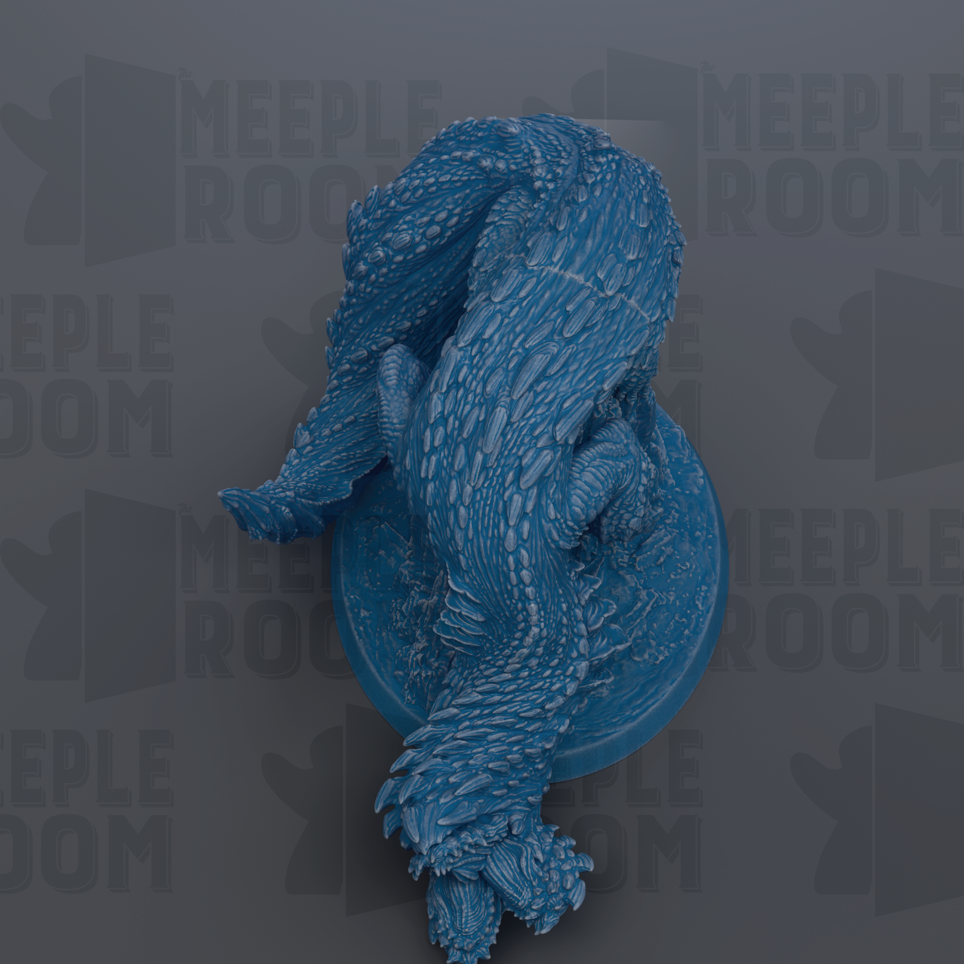 A blue, textured dragon figurine is displayed against a dark background with repeated text.